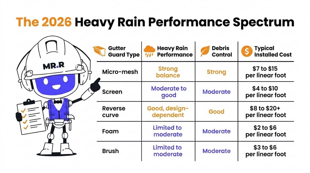 A 2026 gutter guard comparison chart outlining heavy rain performance, debris control, and installed costs per linear foot for micro-mesh ($7-$15), screen ($4-$10), reverse curve ($8-$20+), foam ($2-$6), and brush guards ($3-$6).